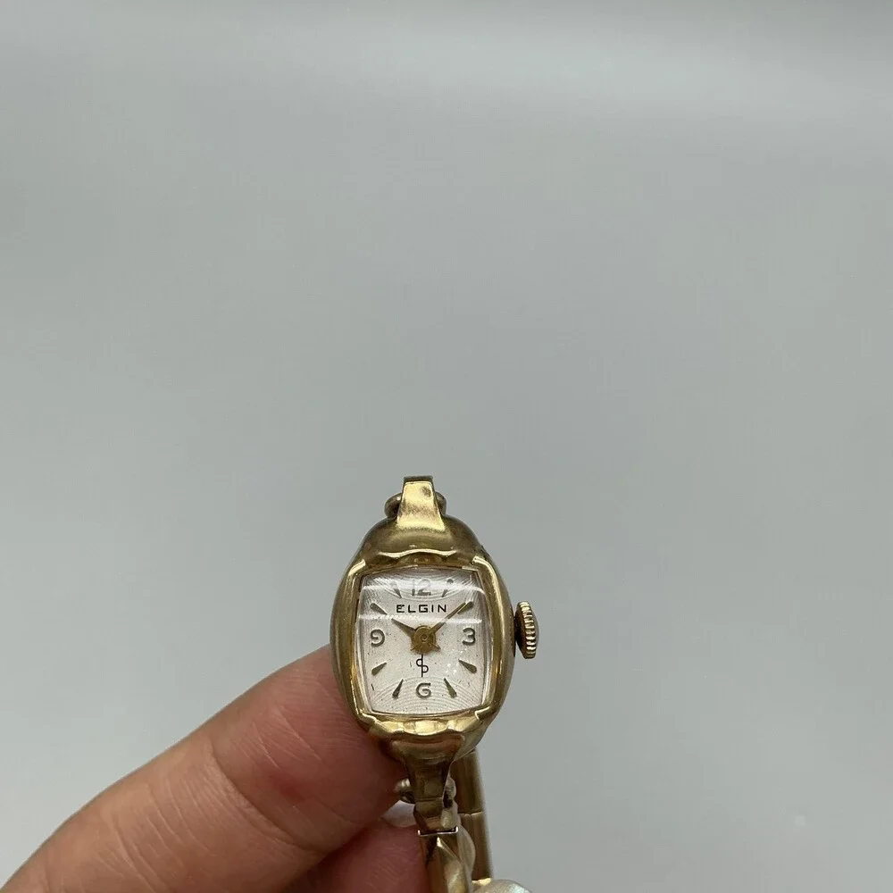Vintage Elgin Womens Watch 16mm 10K Rolled Gold Plated Stretch Band Manual Wind